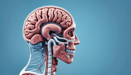 Anatomy illustration of a human brain, skull, and detailed nervous system