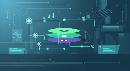 Abstract illustration of data layers connected by circuit lines on a blue background ai generated