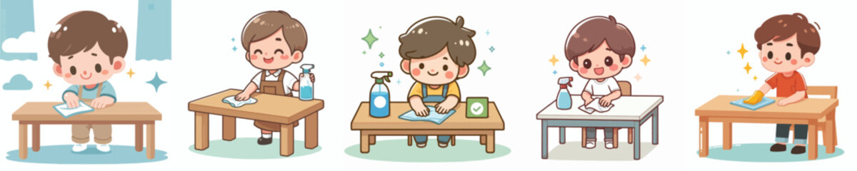 vector of a little boy wiping a dirty table