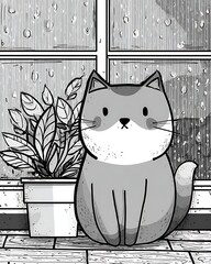 Chubby Cat Gaze Rainy Window Indoor Plant Monochrome Pet Illustration