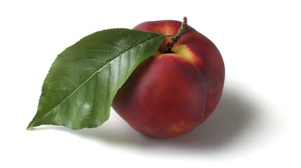 Fototapeta premium A fresh peach with a leaf, isolated on a white background, captured in high detail with studio lighting.