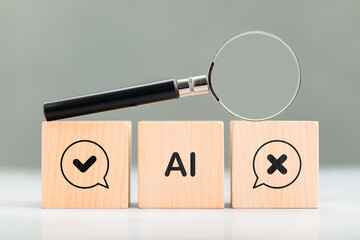 AI fact-checking concept with magnifying glass and right-wrong icons on wooden blocks