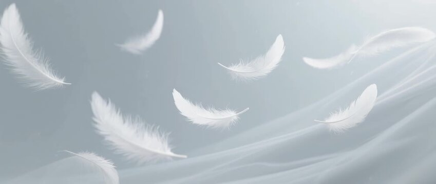 Soft white feathers drift against a peaceful blue sky, symbolizing light and peace