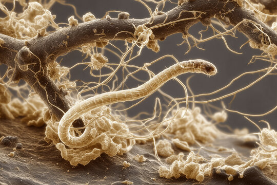 Microscopic view of nematode worm among plant roots and soil microbes