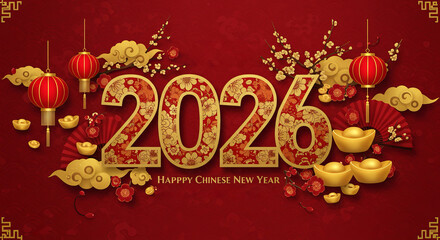 Happy chinese new year 2026 with traditional lanterns and gold ingots
