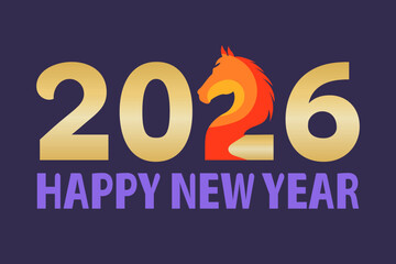 Happy New Year, 2026, Year of the horse. Colorful modern banner, card, poster, vector illustration with text and gold elements