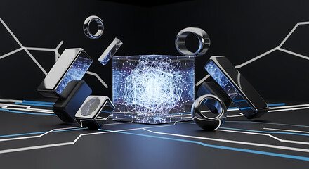 Abstract rendering featuring rings rectangles and a glowing cube with network connections inside it ai generated
