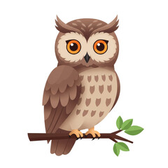 A cute owl with geometric feathers and bright orange eyes perched on a branch, isolated on a white background.