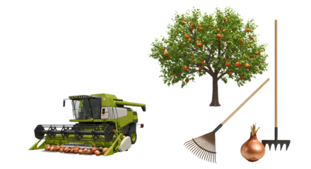 FARMING - Orange harvesting equipment, orange tree, rake, pitchfork, and woven basket with onion, agricultural farming tools and produce, perfect for farm and harvest themes