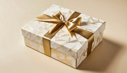 Fototapeta premium Elegant Gift Box with Gold Ribbon and Geometric Leaf Pattern