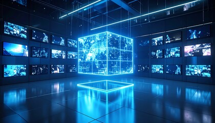 Futuristic control room with a glowing cube