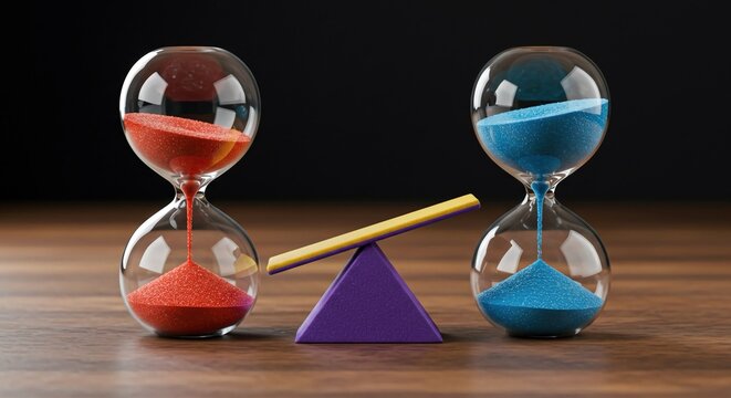 Balancing red and blue hourglasses on a seesaw symbolizing time management, deadlines, and critical decisions with urgency and precision