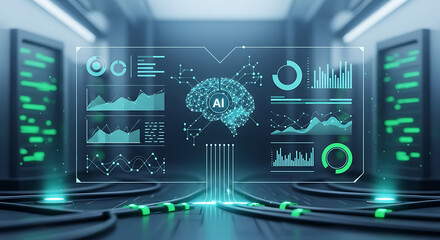 Artificial intelligence brain with data charts in server room for technology concept display ai generated