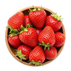 Wooden bowl filled with garden strawberries against a white backdrop. Fresh, ripe, vibrant red fruits of Fragaria ananassa. Perfect for eating raw, organic, and vegan-friendly. Close-up 