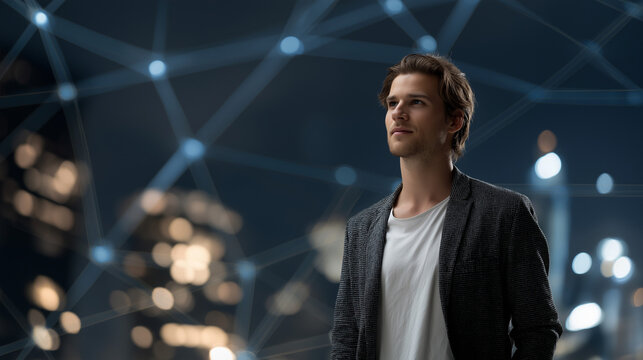 A man in a network city, the futuristic scene illuminated by soft light. Man, network, with copy space