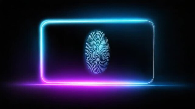 A glowing neon rectangular frame with a fingerprint centered inside it.