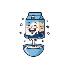 Cute milk carton pouring milk into a bowl of cereal.