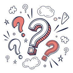 Whimsical Hand-Drawn Question Marks with Red and White Outlines and Shadows.