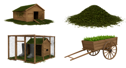 FARMING - Rustic wooden chicken coop with green roof, grass haystack and wooden cart with wheel, rural farming equipment and henhouse accessories