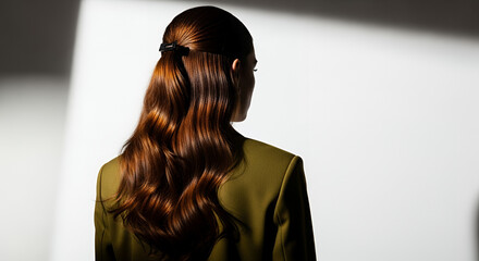 Fototapeta premium Back view of a woman with long, wavy hair and stylish outfit, illuminated by soft light and shadow 