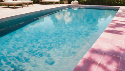 Obraz premium Luxury Poolside Oasis: Tranquil Water, Pink Tiles Frame, Vacation