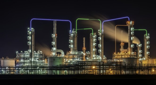 Striking Long Exposure Night View of a Modern Industrial Plant with Neon-Lit Pipelines and Glowing Distillation Columns, Highlighting Energy Production and Chemical Processing.