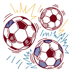 A dynamic sketch illustration of three hand-drawn soccer balls in red and blue.