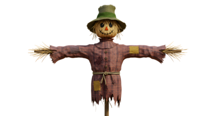 FARMING - Scarecrow with green hat and rustic plaid shirt isolated on white background, perfect for fall and Halloween decorations