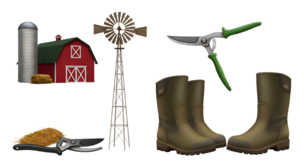 FARMING - Farm tools and equipment collection with red barn, silo, windmill, pruning shears, hay, and garden boots, perfect for agricultural or rural lifestyle projects