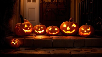 Obraz premium A family of jack-o-lanterns lined up on the front steps, each with unique carvings, lit up for Halloween night.
