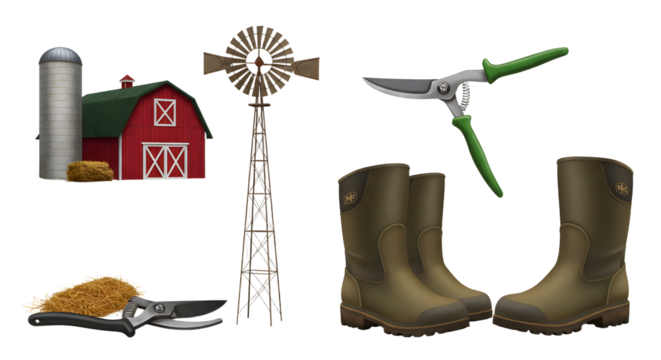 FARMING - Farm tools and equipment collection with red barn, silo, windmill, pruning shears, hay, and garden boots, perfect for agricultural or rural lifestyle projects