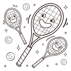 Playful cartoon tennis rackets with happy faces line art style depicted bouncing joyfully.