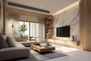 Modern living room design wooden accents marble wall large sectional sofa