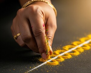 Hand Drawing Rangoli with Colored Powder.
