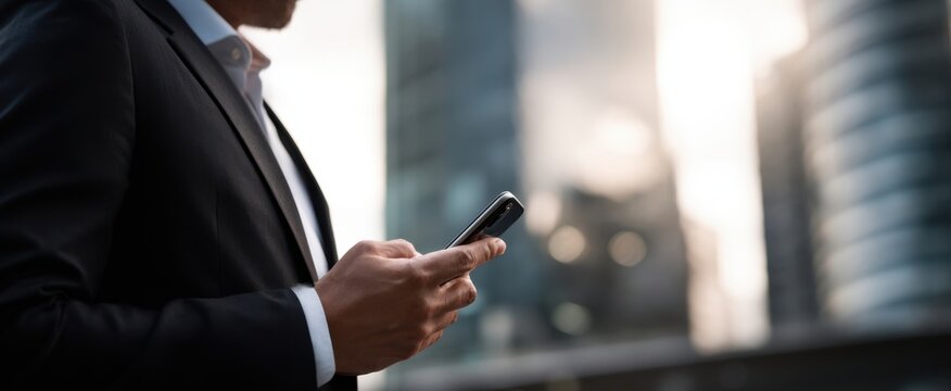 The businessman using smartphone in a modern city with blurred skyscrapers background - Powered by Adobe