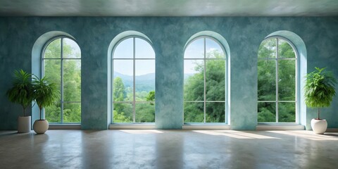 Naklejka premium Serene Interior Design A Room with Four Arch Windows Offering Lush Greenery Views