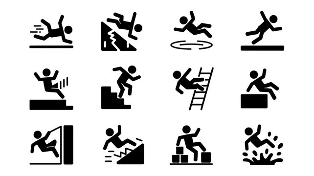 A set of 12 black and white safety hazard icons arranged in a 3x4 grid. Each icon shows a stick figure in a dynamic falling or slipping pose.