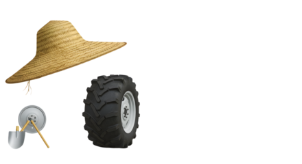 FARMING - Farm tools and equipment components including a straw hat, tractor tire, spade, and rake handles isolated on white for agricultural and gardening concepts