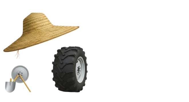 FARMING - Farm tools and equipment components including a straw hat, tractor tire, spade, and rake handles isolated on white for agricultural and gardening concepts