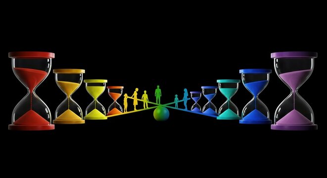 Colorful hourglasses symbolizing life stages and the passage of time with human silhouettes on a balanced scale against a stark black background