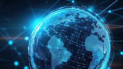 A digital representation of Earth, showcasing a futuristic blue globe with grid lines and network connections, symbolizing technology and global connectivity.