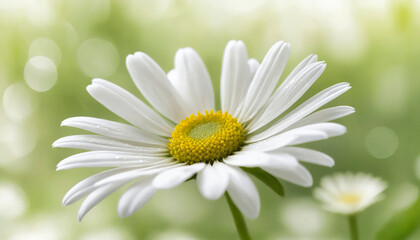 Fototapeta premium White Daisy Flower with Yellow Center Focus Against Green Springtime Bokeh