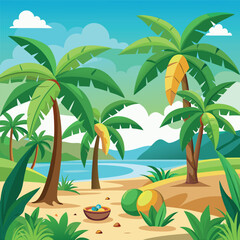 Palm tree. Cartoon tropical coconut palm and banana trees with green leaf and trunks, beach plants. Summer, exotic island, jungle nature vibe for travel, vacation, eco design. Isolated vector set