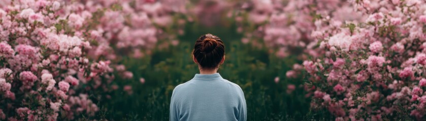 A person stands amidst blooming pink flowers, gazing into a serene landscape filled with vibrant blooms, evoking a sense of peace and contemplation.