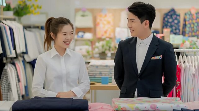 Clothing Store Staff and Manager Talking with Smiles. Generative AI