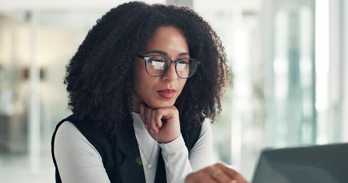 Reading, glasses and business woman on laptop for proofreading report, article and website review. Office, publisher and person on tech for editing, check online content or story for digital magazine
