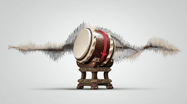 Traditional drum with sound waves, surreal cultural symbolism on white background