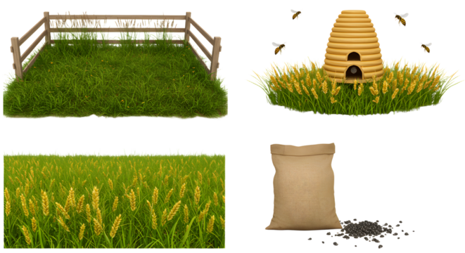 FARMING - Green grass patch with wooden fence, beehive on yellow flowers, wheat field, and burlap sack of seeds set isolated on white, perfect for agricultural and nature projects