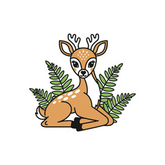 Cute cartoon fawn sitting among green fern leaves.