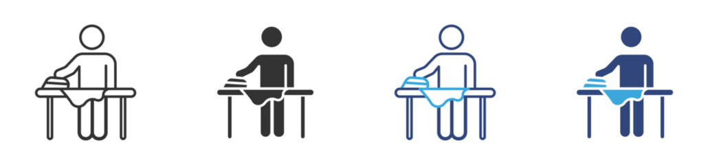 Fototapeta premium Man ironing clothes icon set in outline and flat style , vector illustration. 